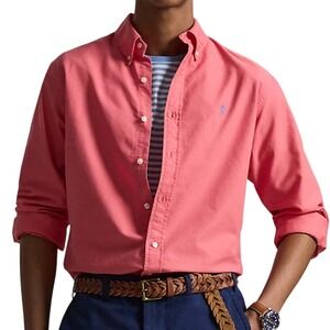 Polo Ralph Lauren Mens Slim Fit Button Shirt Coral Salmon Pink Medium Blue Pony